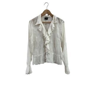 B Moss Tailor Sheer Ruffle Front Y2K Romantic Long Sleeve Blouse Large